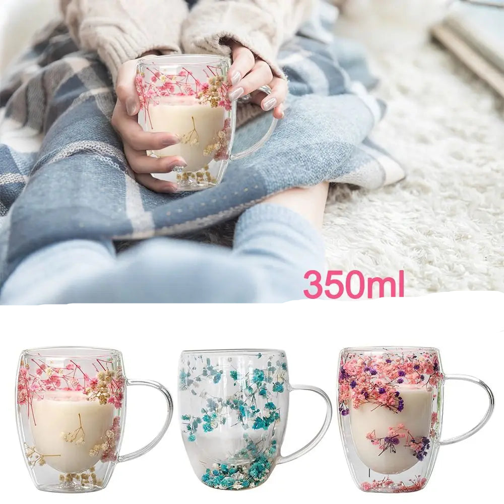 Xicara de vidro de parede dupla com flores secas 350m / Meu Luxo