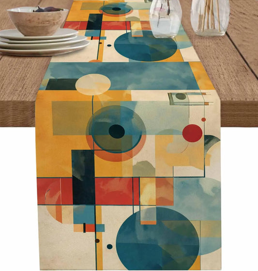 Pintura a óleo vintage arte abstrata corredor de mesa de linho azul amarelo geométrico cômoda cachecol decoração de mesa casamento jantar festa decoração / Meu Luxo