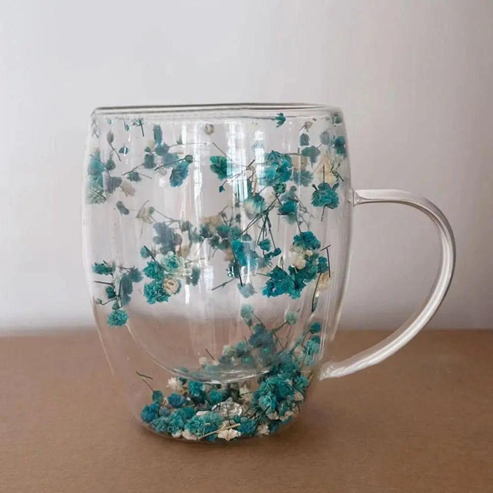 Xicara de vidro de parede dupla com flores secas 350m / Meu Luxo
