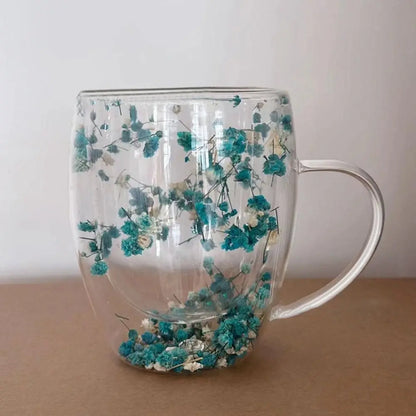 Xicara de vidro de parede dupla com flores secas 350m / Meu Luxo