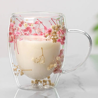 Xicara de vidro de parede dupla com flores secas 350m / Meu Luxo