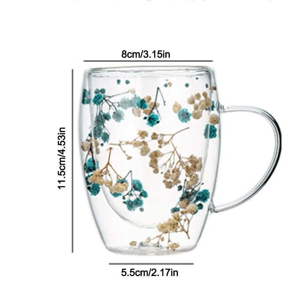 Xicara de vidro de parede dupla com flores secas 350m / Meu Luxo