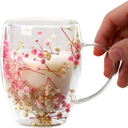 Xicara de vidro de parede dupla com flores secas 350m / Meu Luxo
