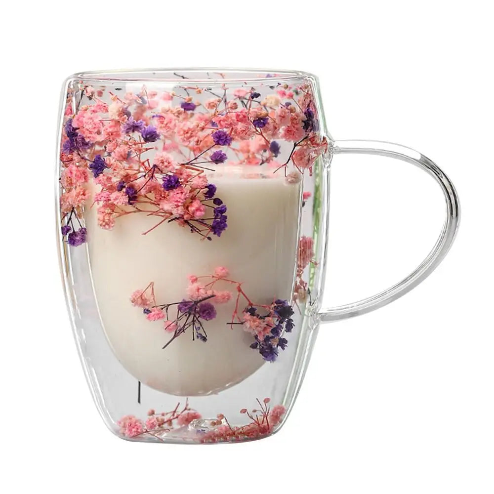 Xicara de vidro de parede dupla com flores secas 350m / Meu Luxo