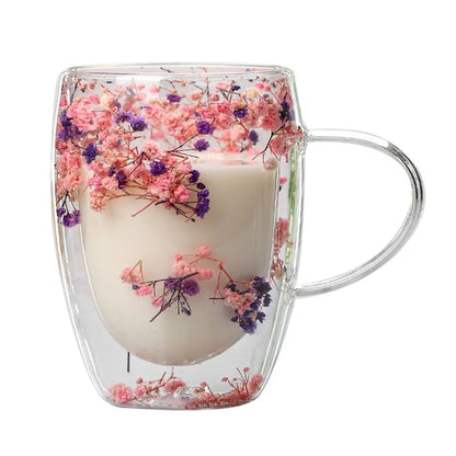 Xicara de vidro de parede dupla com flores secas 350m / Meu Luxo